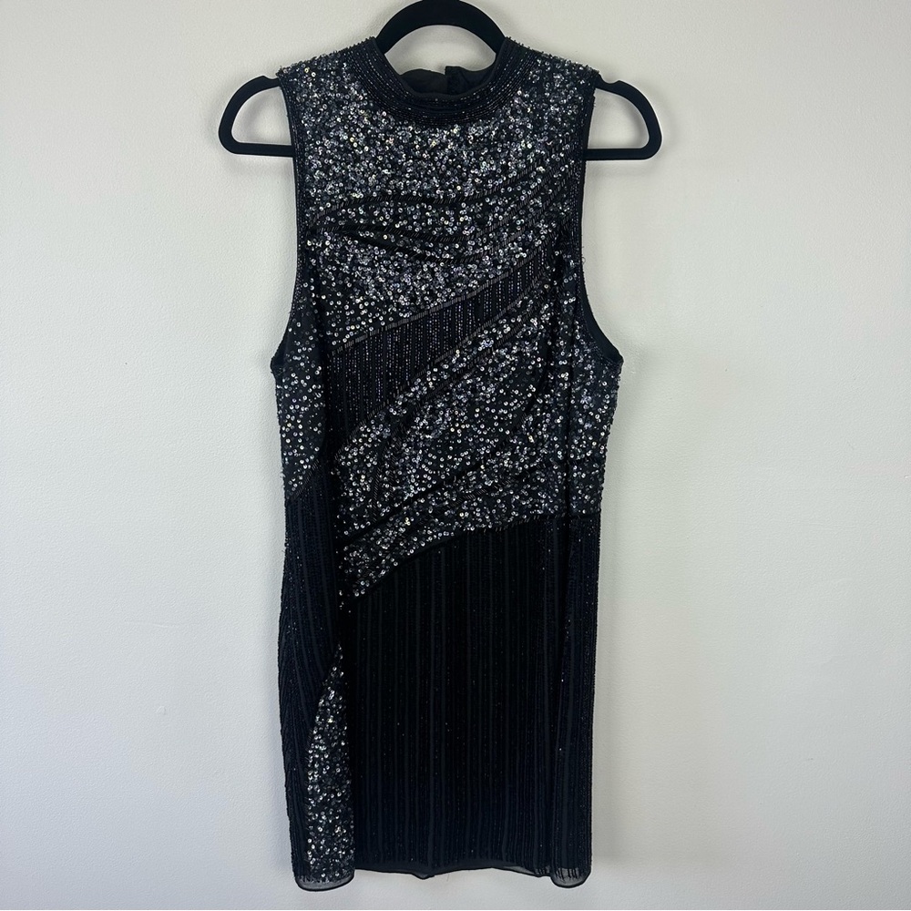 Parker Black Beaded Sequin Embellished Mock Neck Dress